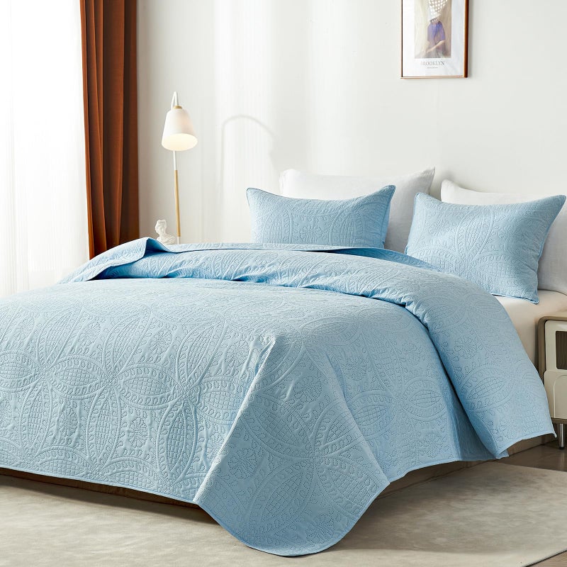akkialla Twin Quilt Bedding Set Sky Blue Ultrasonic Quilt Set Lightweight Soft Bedspread Coverlet Modern Style Coin Pattern Bed Cover for All Seasons 2 Piece(1 Quilt 1 Pillow Sham) - Image 2